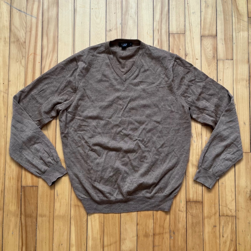 J Crew Italian Merino Wool V Neck Sweater Mens XL Brown Long Sleeve Pullover